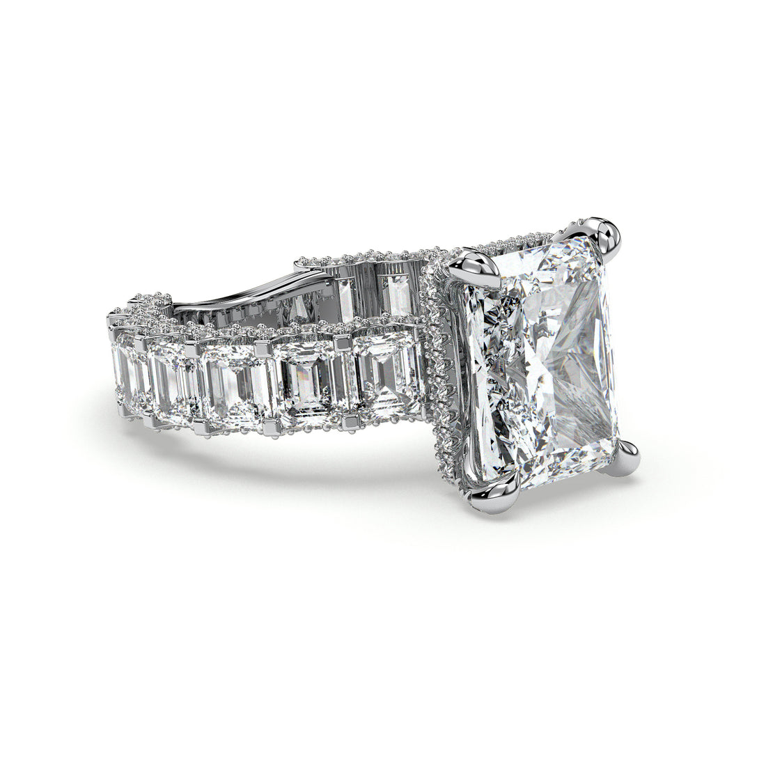 More Than A Dream Radiant Cut Hidden Halo Four Claw Setting Diamond Engagement Ring With an Emerald Cut Side Stones - 18K White