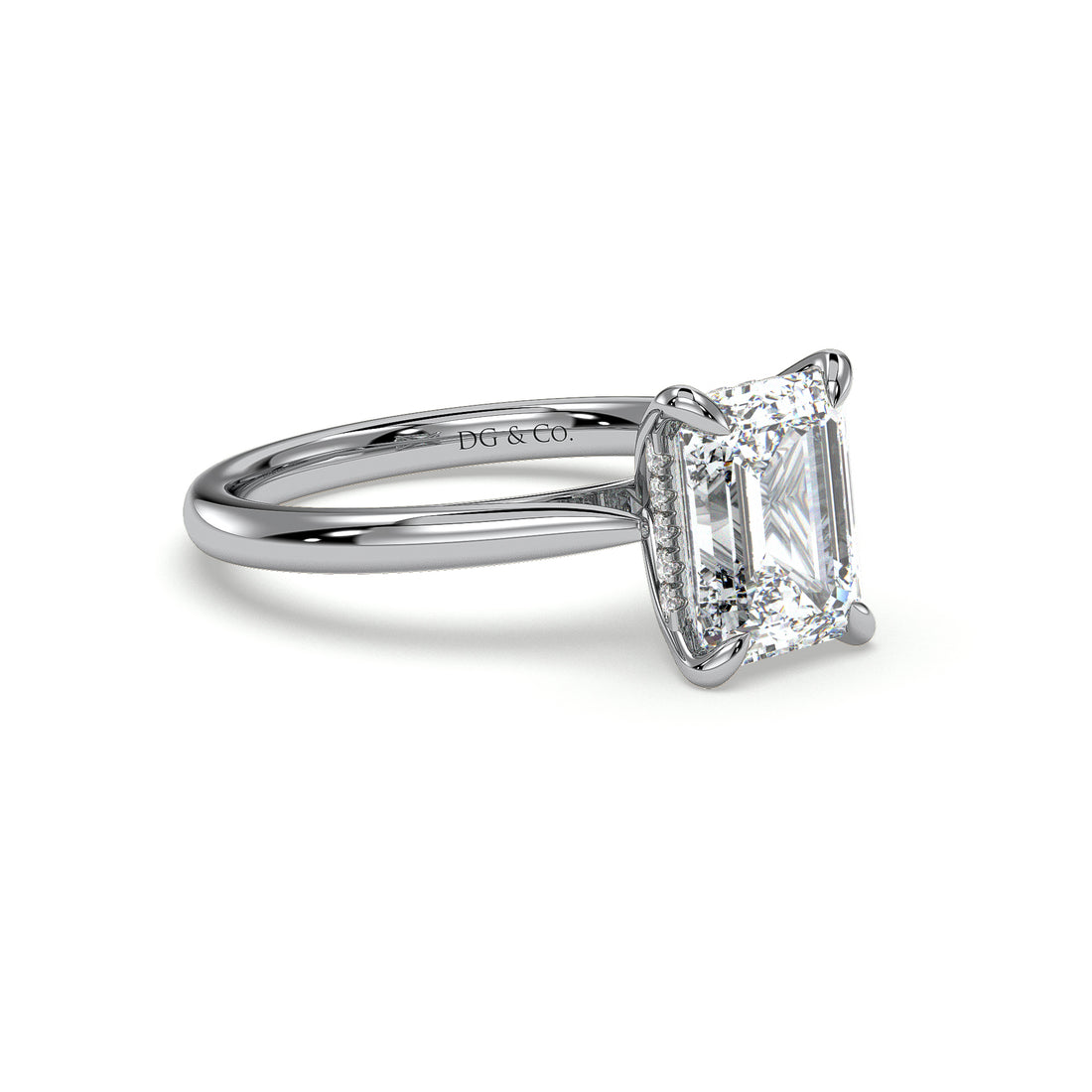 Paige Emerald Cut Solitaire Cathedral Hidden Halo Setting Tapered Band Diamond Engagement Ring - 18K White