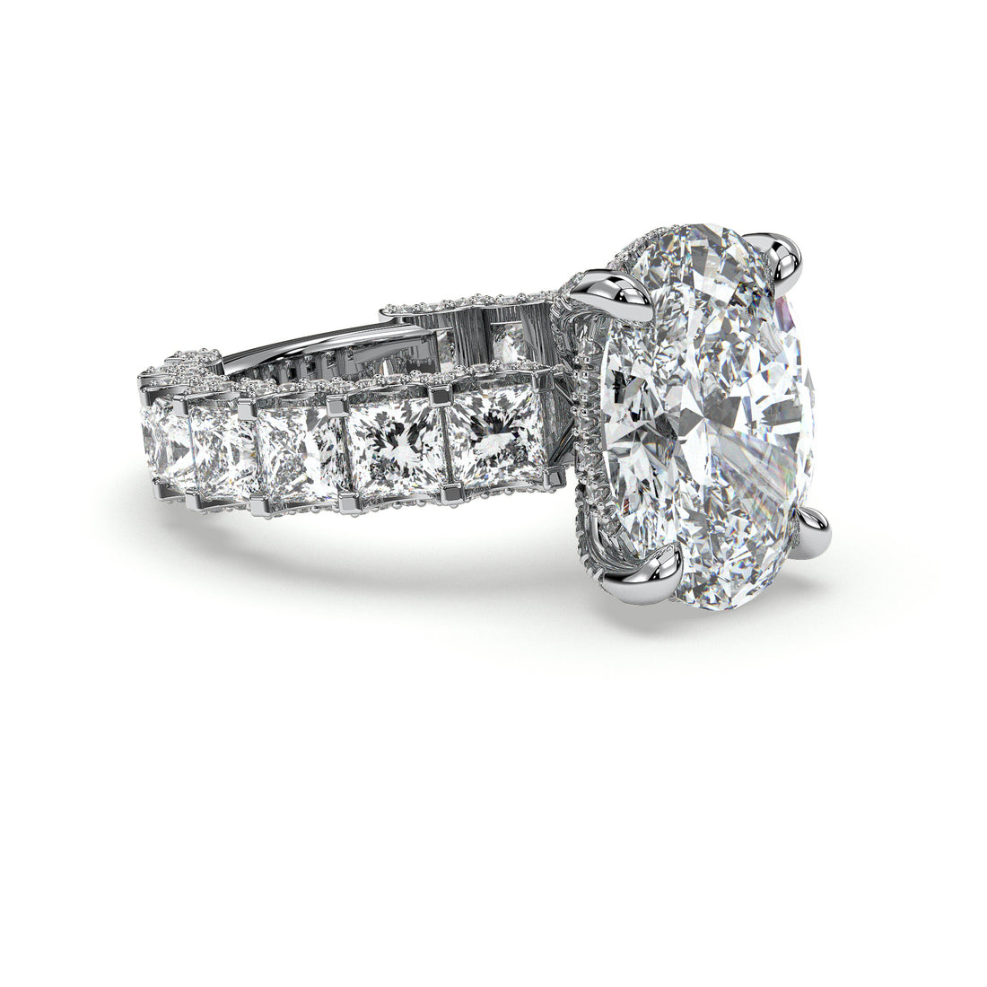 Goodness Oval Cut Hidden Halo with a Princess Cut Side Stones Diamond Ring - 18K White