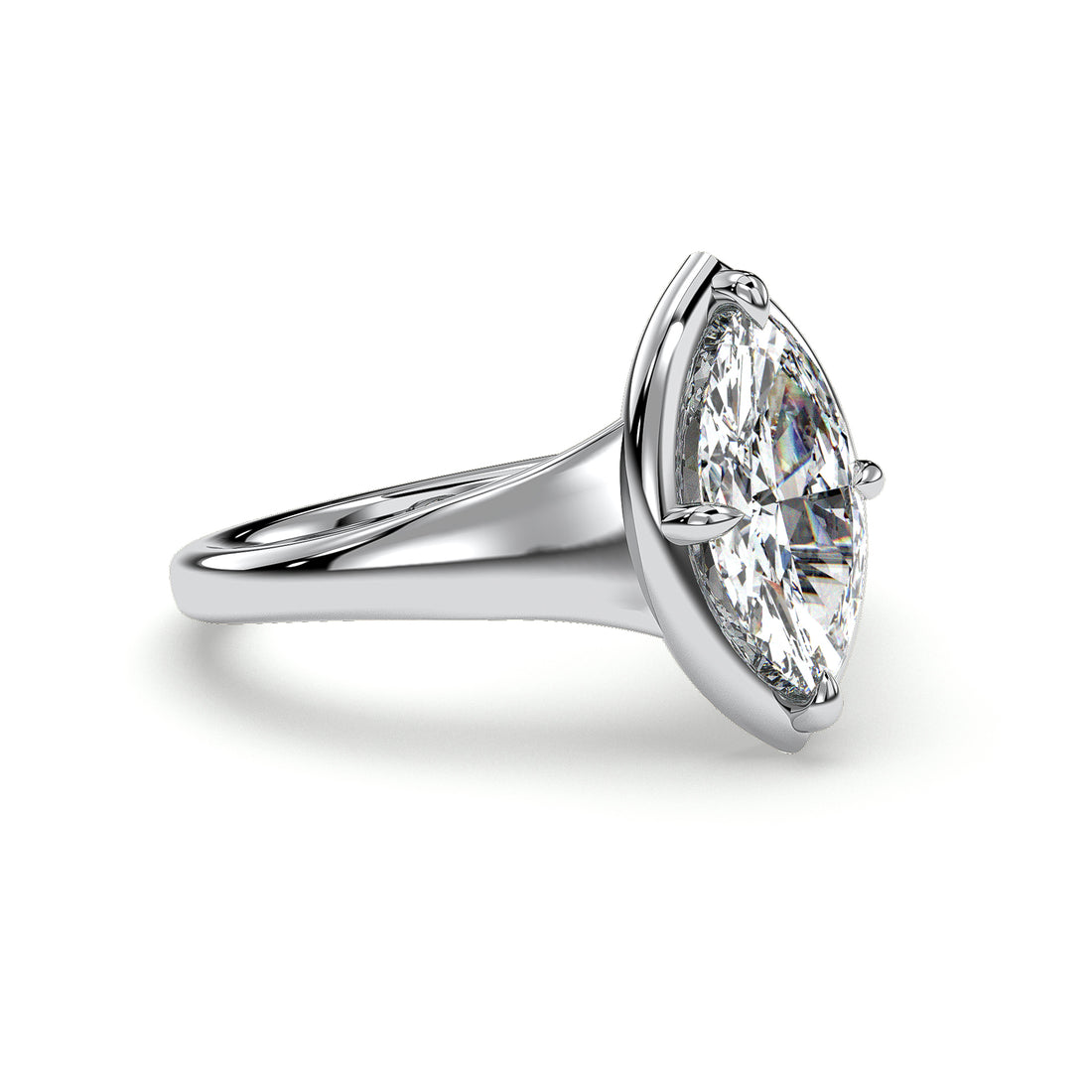 Fern Solitaire Marquise cut Cathedral Four Prong Bezel Style Setting Diamond Engagement Ring - 18K White