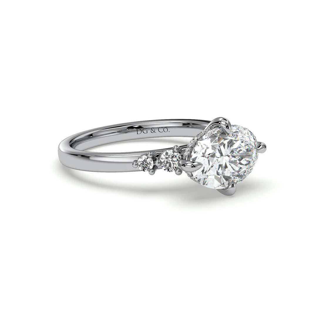 Avah East West Oval Cut Hidden Halo Four Claw Sidestone Diamond Engagement - 18K White