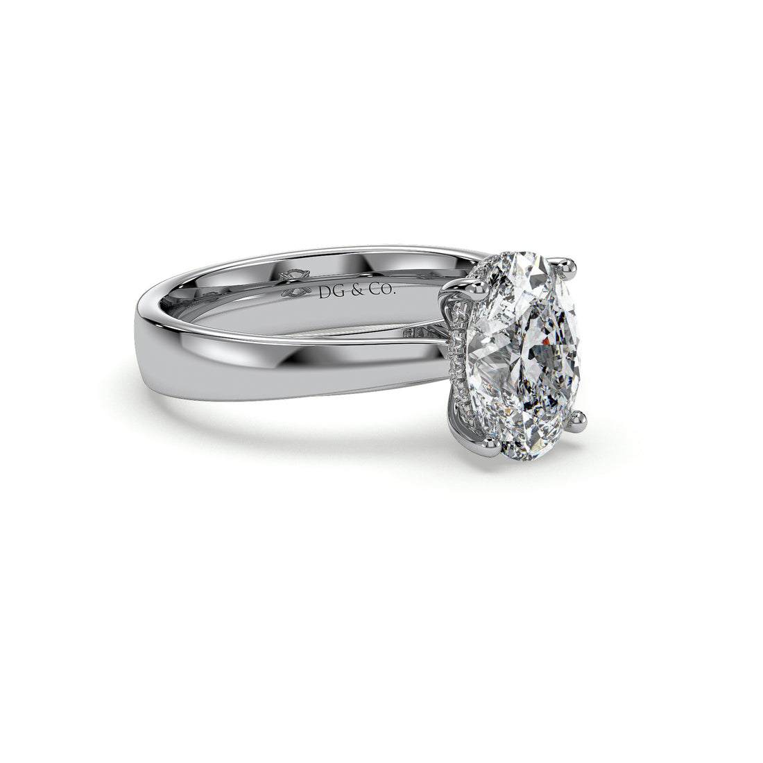 Ama Oval Cut Solitaire Cathedral Thick Band Hidden Halo Four Claw Diamond Engagement Ring - 18K White