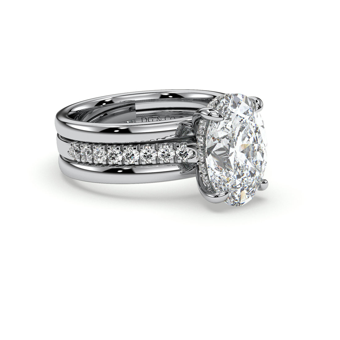 Geneva Oval Cut Trible Band Hidden Halo Pave Setting Side Stones Diamond Engagement Ring - 18K White