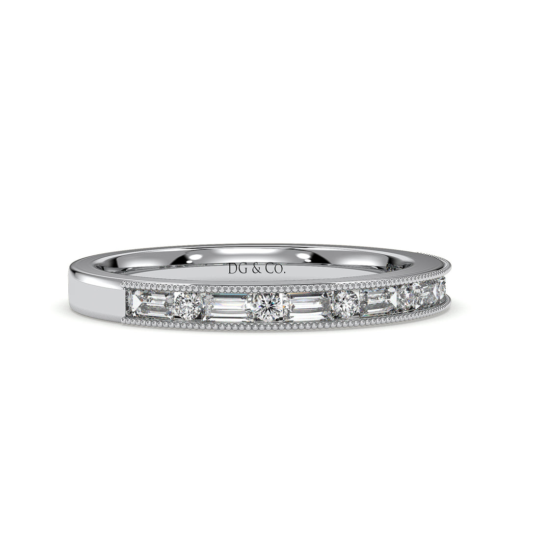 ISA Antique Style Emerald and Round Cut Milgrain Ladies wedding Band - 18K White