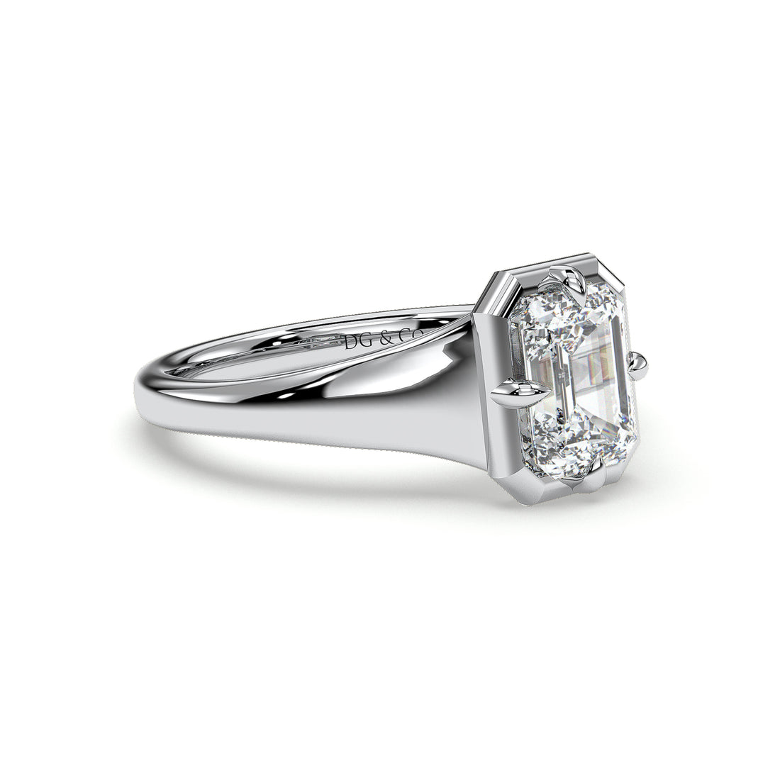 Poppy Solitaire Emerald Cut Cathedral  Four Claw Bezel Style Setting Diamond Engagement Ring - 18K White