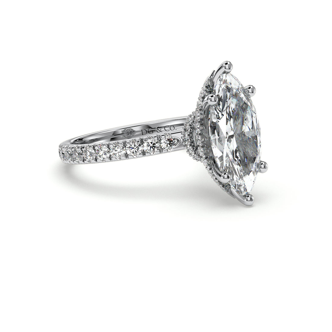 Lyra Marquise Cut Double Halo Six Claw Pave Setting Side Stones Diamond Ring - 18K White