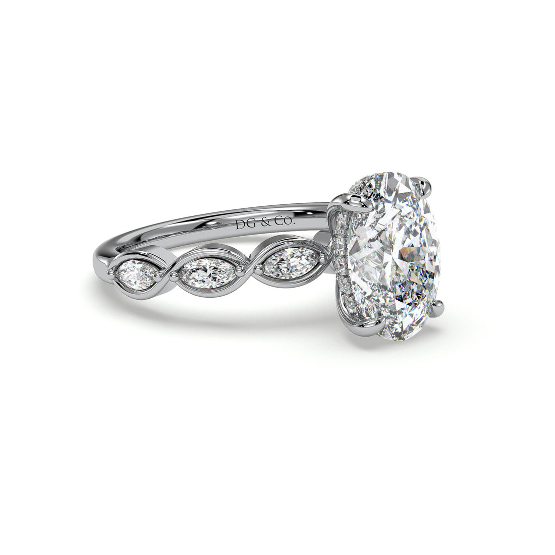Arlo Oval Cut Hidden Halo Marquise Cut Side stones Bezel Set Diamond Engagement Ring - 18K White