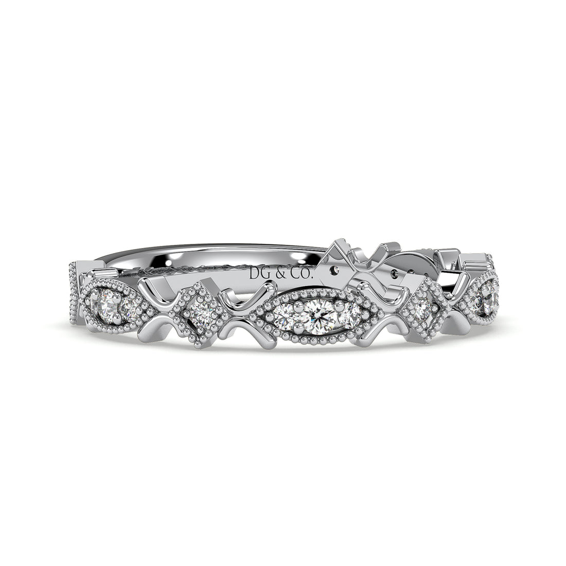 Kahlo Antique Style Alternating Marquise and Square Shape Grain set  Diamond Wedding Ring - 18K White