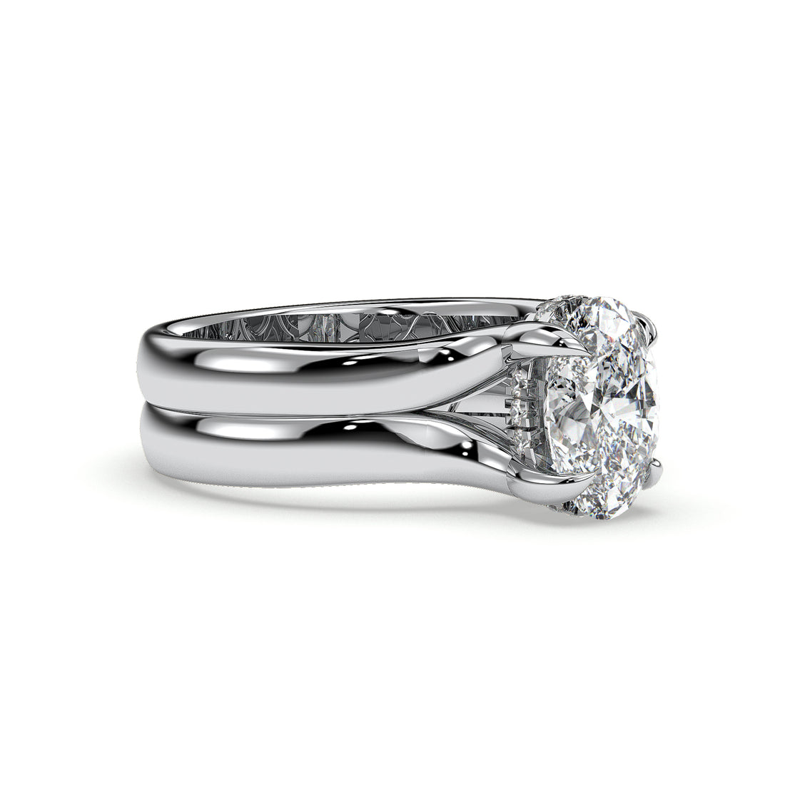 Bronte Solitaire Oval Cut Double Split Band Hidden Halo Diamond Engagement Ring - 18K White