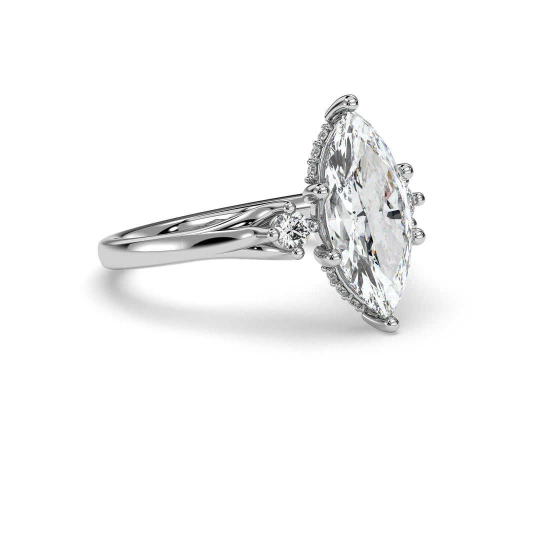 LVY Marquise Cut Hidden Halo Trilogy Six Claw Setting Diamond Engagement Ring - 18K White