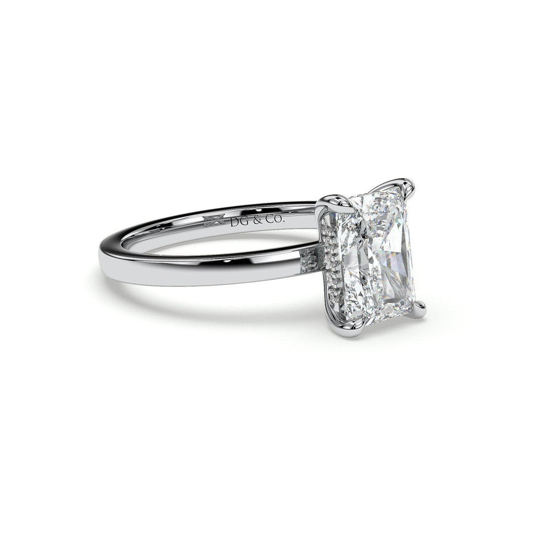 Breath Solitaire Radiant Cut Hidden Halo Four Claw Setting Diamond Engagement Ring - 18K White