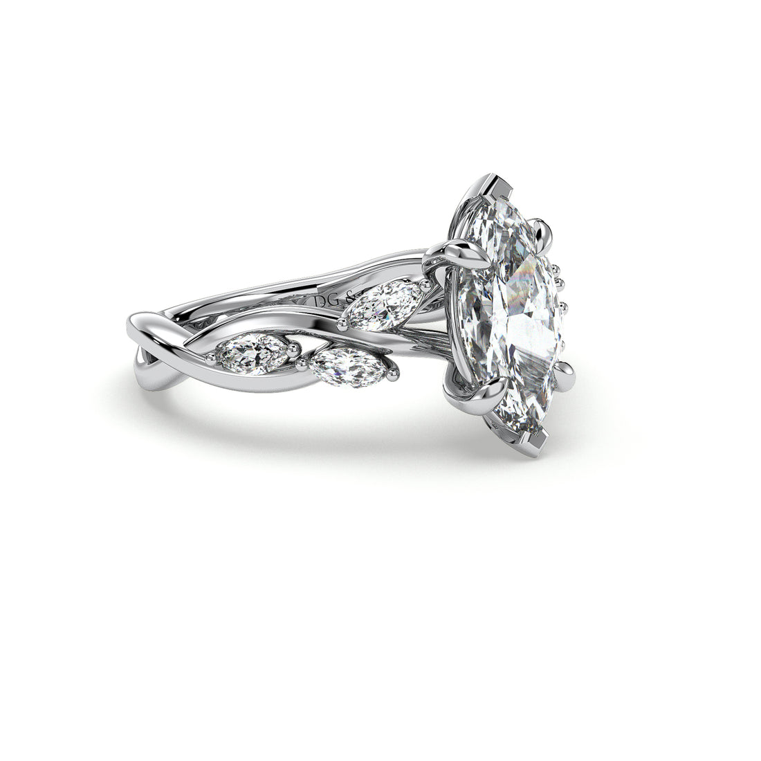 Elowen Marquise Cut Low Setting Twist Band Diamond Engagement Ring - 18K White