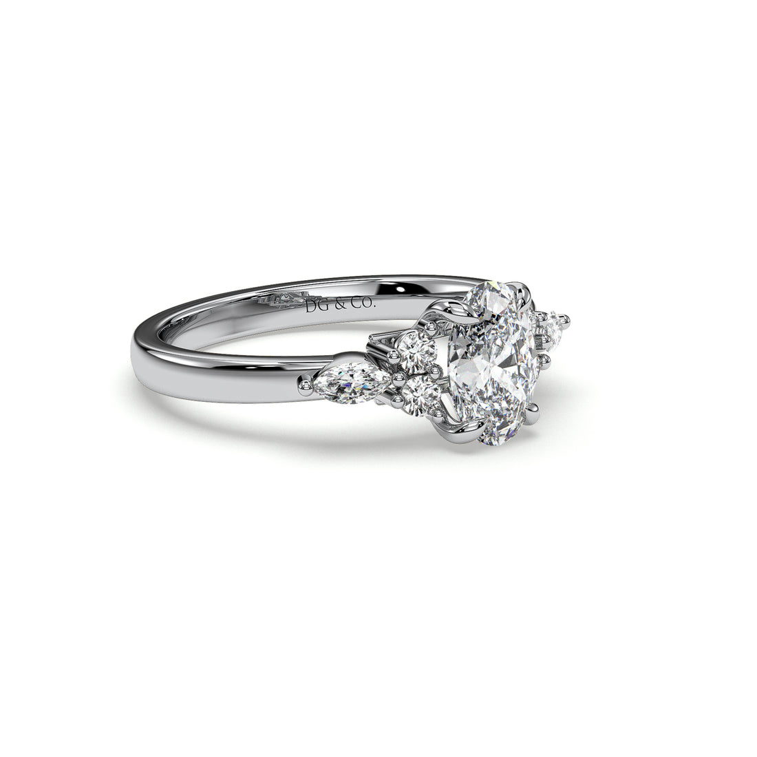 Kala Oval Cut Trilogy Low Setting Diamond Engagement Ring - 18K White