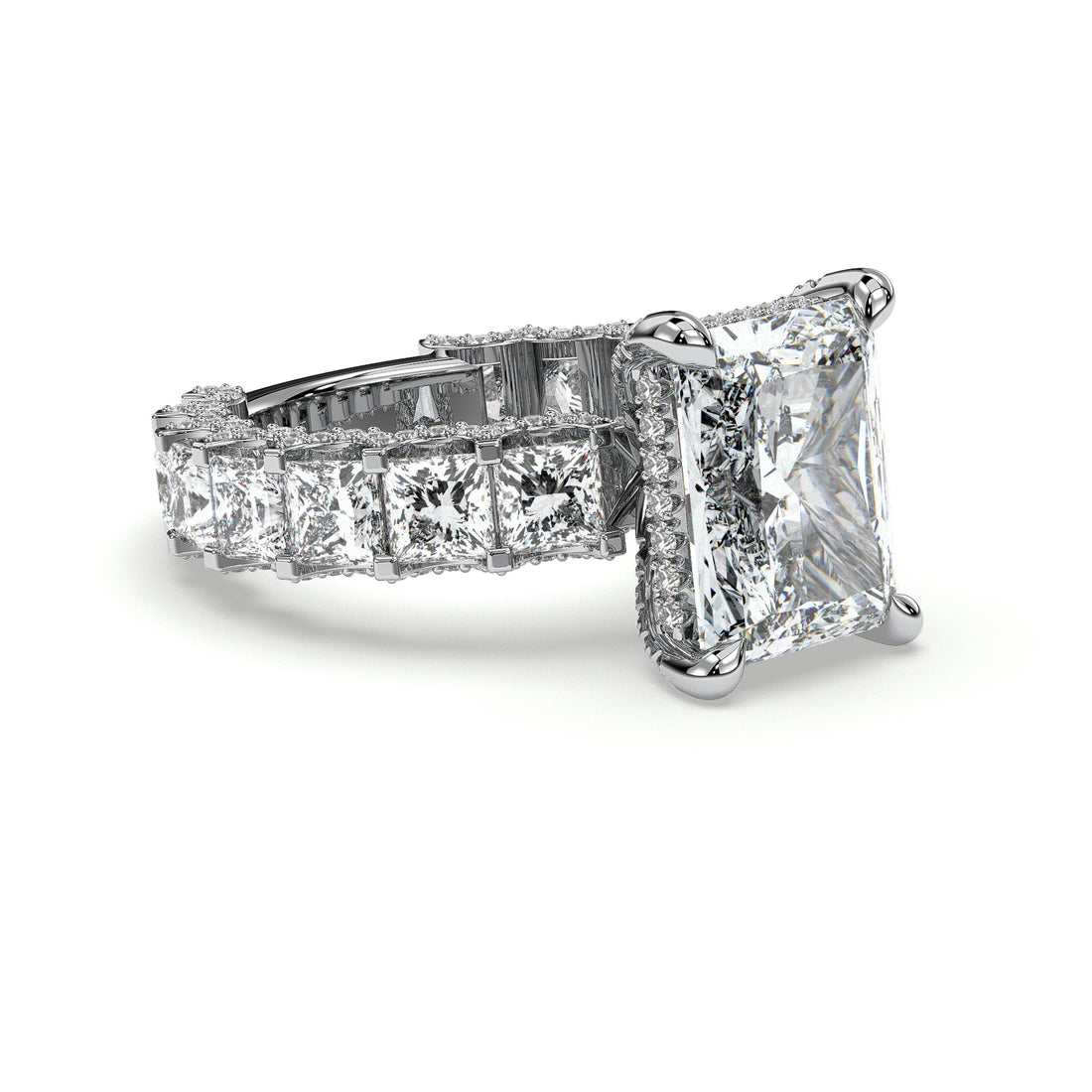 Flawless Radiant Cut Hidden Halo With Princess Cut Side Stones Diamond Engagement Ring - 18K White