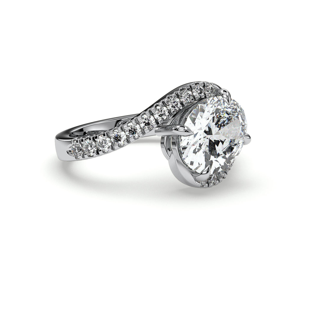 Chi Oval Cut Pave Setting Cross over Diamond Engagement Ring - 18K White