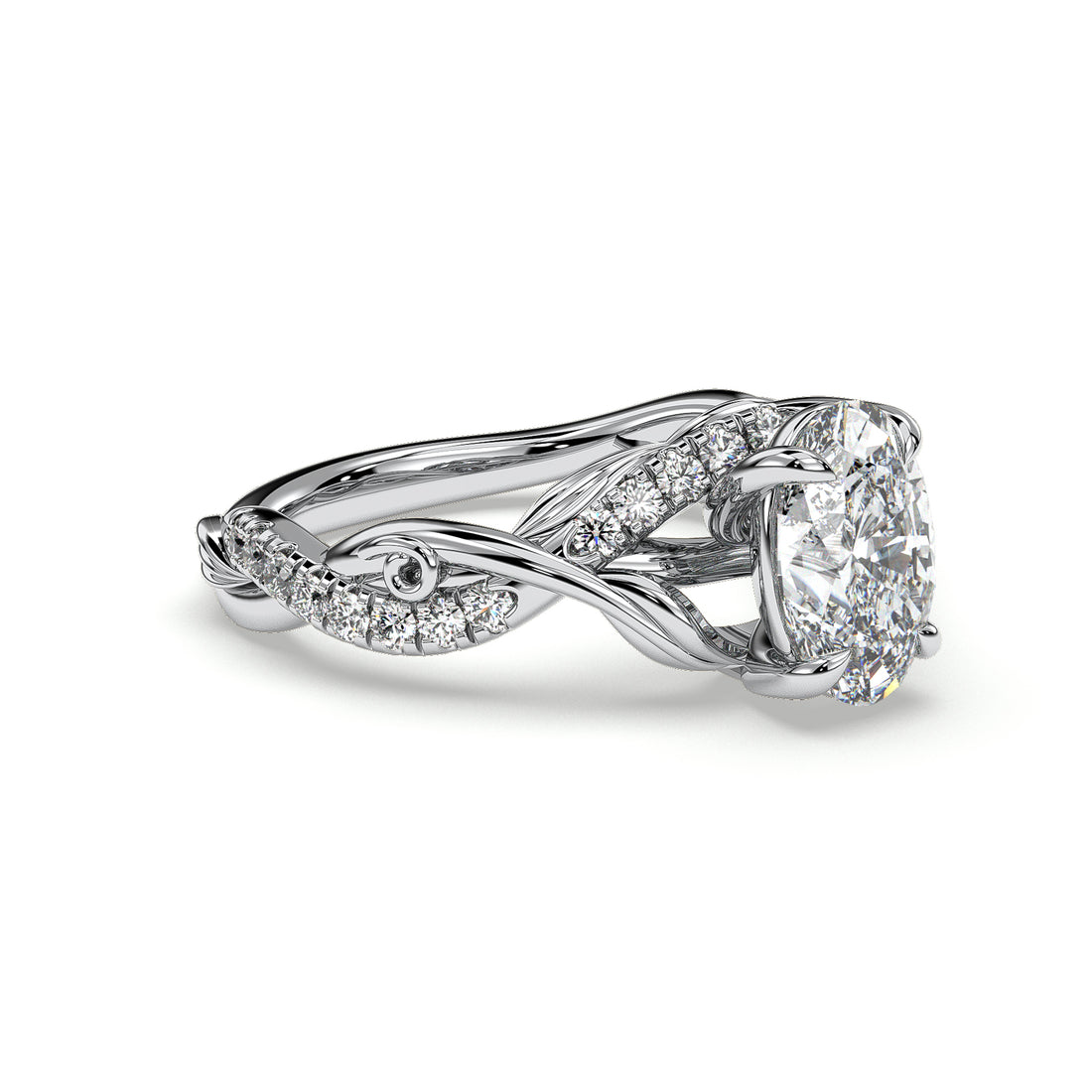 Zinnia Oval Cut Twist Band Floral Style Pave setting Side Stones Diamond Engagement Ring - 18K White