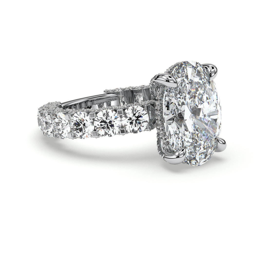 The Beauty Oval Cut Hidden Halo with Round Brilliant Cut Share Claw Setting Diamond Ring - 18K White