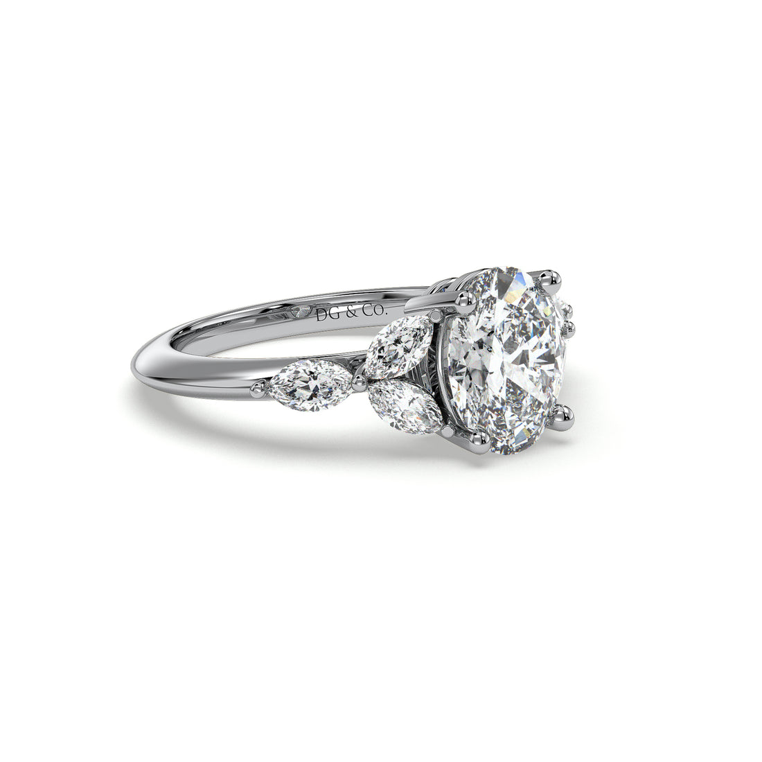 Lark Oval Cut Flower Knife Edge Band Diamond Engagement Ring - 18K White