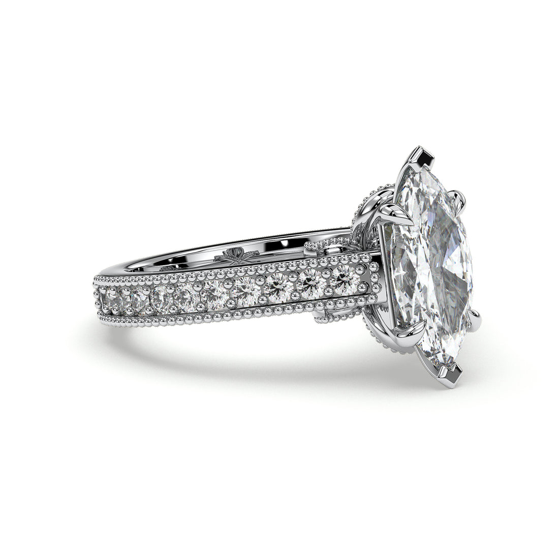 Marigold Marquises Cut Six Claw Vintage Antique Style Milgrain  Share Prong Setting Side Stones Diamond Engagement Ring - 18K White