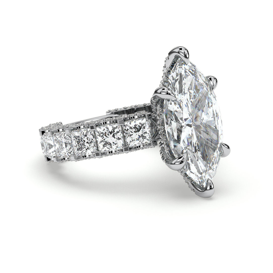 Above The dream Six Claw Marquise Cut Hidden Halo Diamond Engagement Ring with Princess Cut Side Stones - 18K White