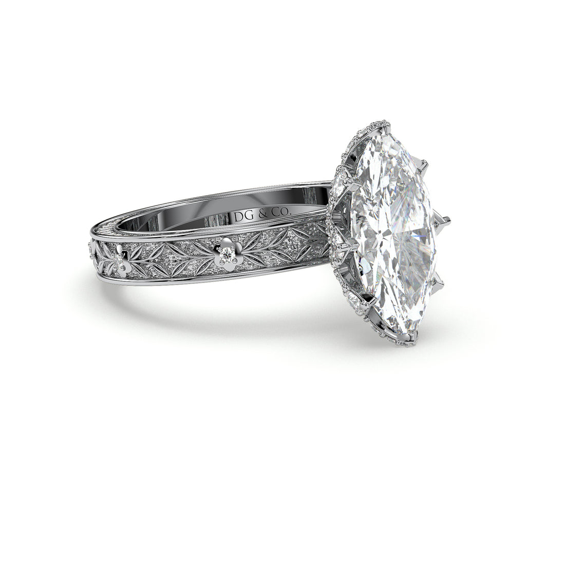 Alexia Marquise Cut Antique Style Hidden Halo Vintage Style Unique Band Diamond Engagement Ring - 18K White