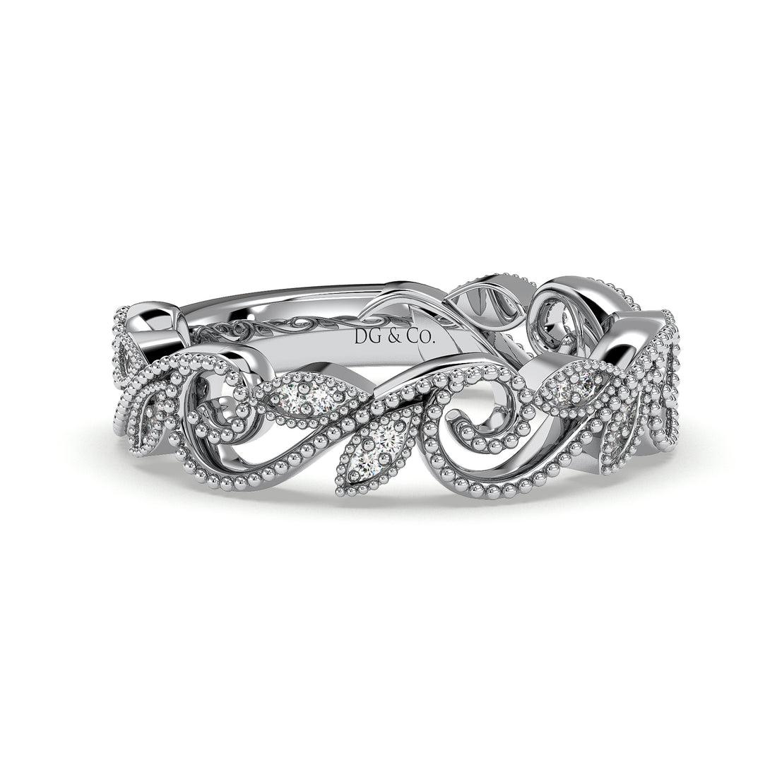 Romantic Vintage Lace Style with Round Cut Prong Milgrain Setting  Diamond Wedding Ring - 18K White