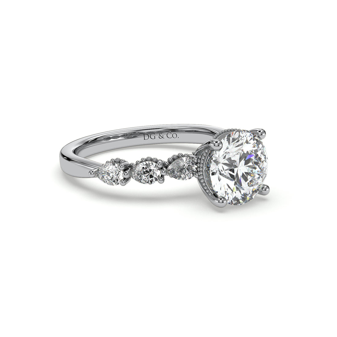Anushka Antique Vintage Style Hidden Halo Round Cut Four Claw Diamond Engagement Ring - 18K White