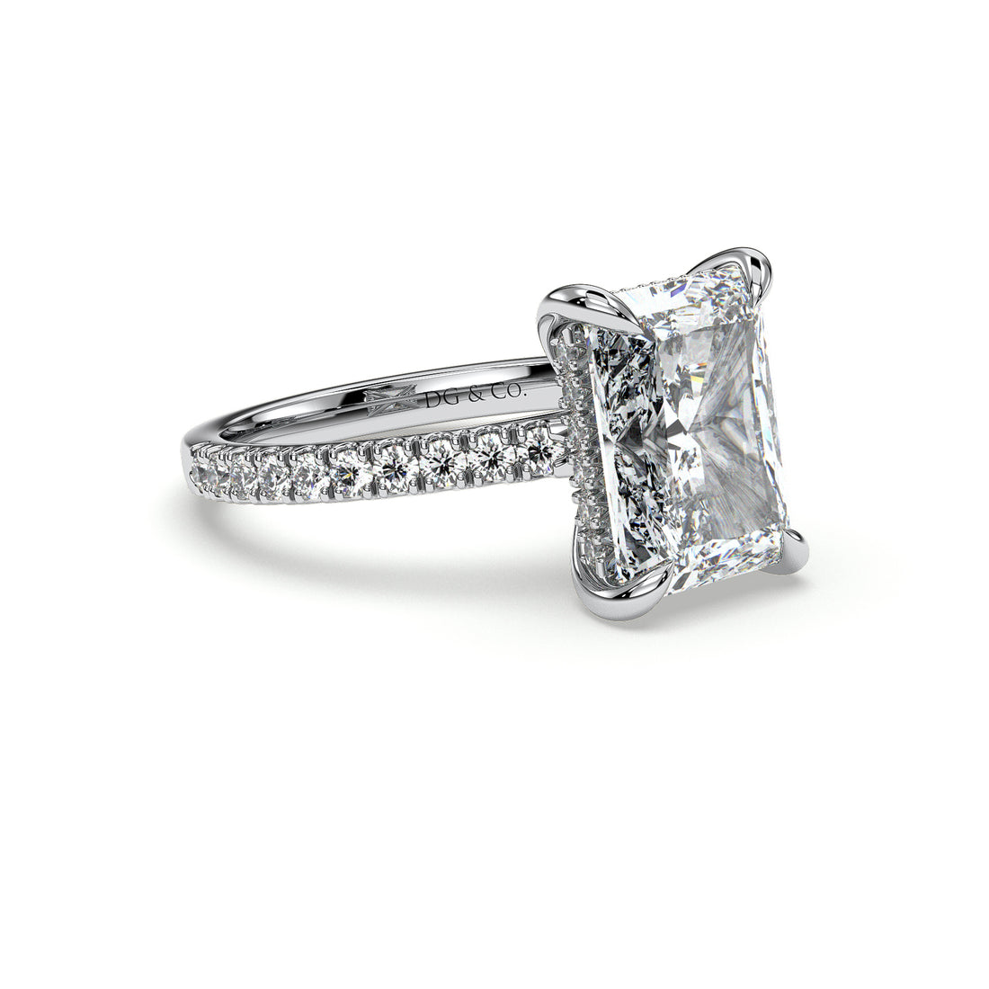 Matisse Radiant Cut Cathedral Setting Hidden Halo Pave Setting Side Stones Diamond Engagement Ring - 18K White