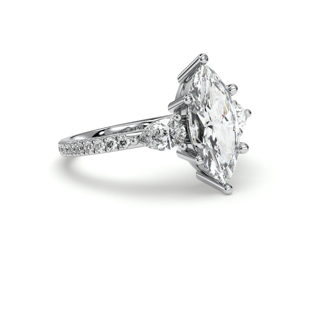 Sylvie Trilogy Marquise Cut Low Setting Pear Shape Side Diamonds Engagement Rings - 18K White