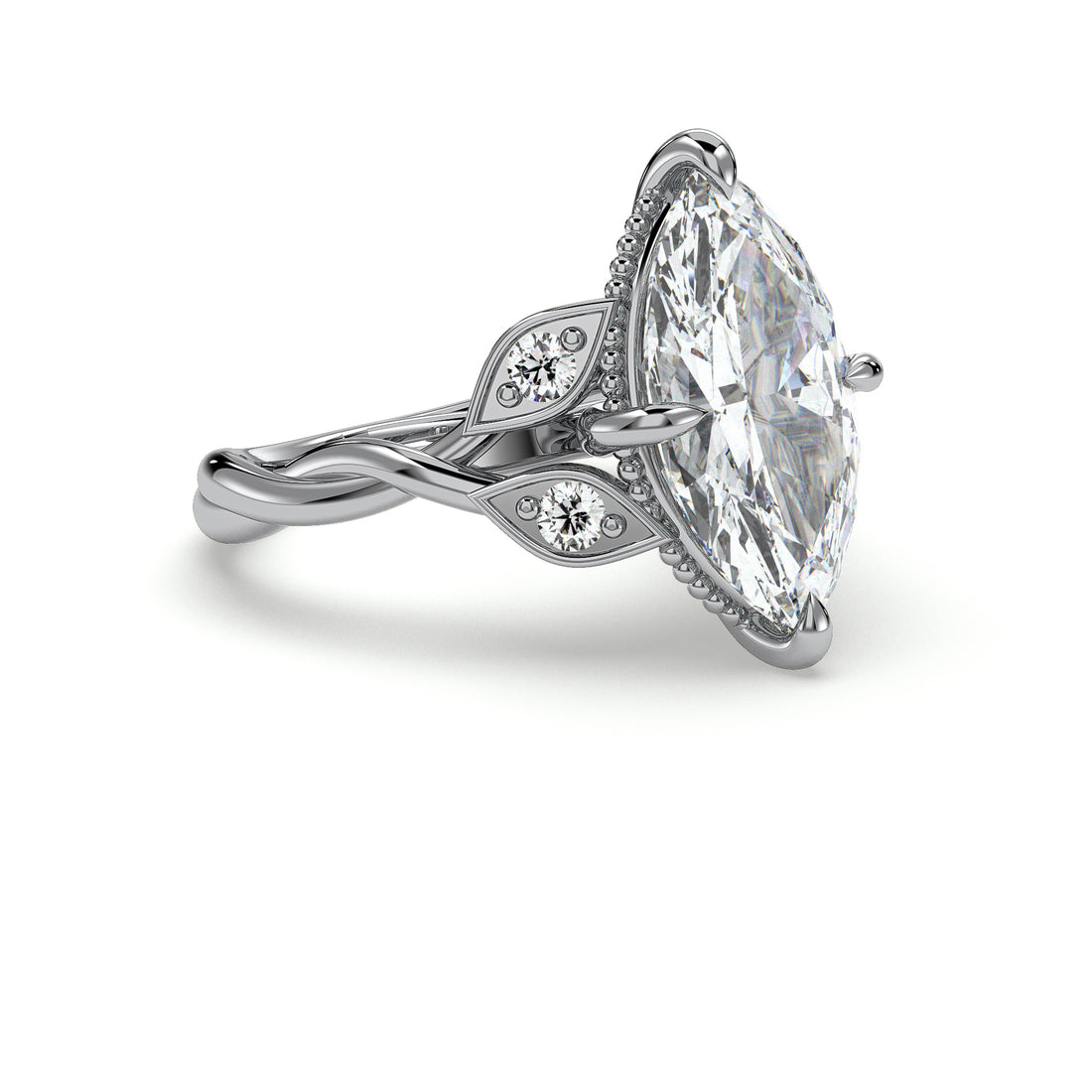 Azucena Marquise Cut Antique Style Twist Band Cathedral with Four Claw Setting Diamond Engagement Ring - 18K White