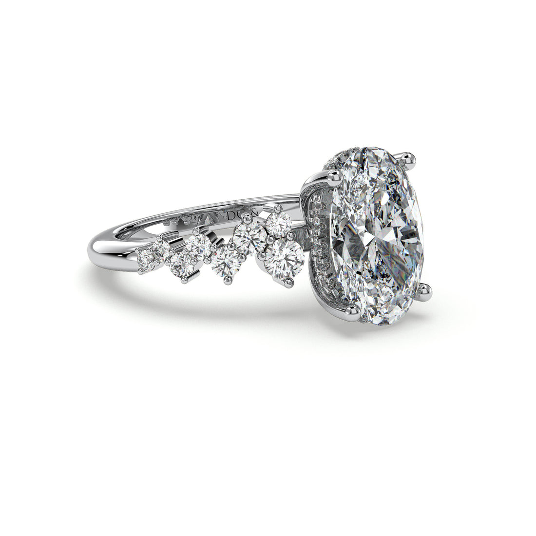 Skye Oval Cut Hidden Halo Side Stone Four Claw Diamond Ring - 18K White