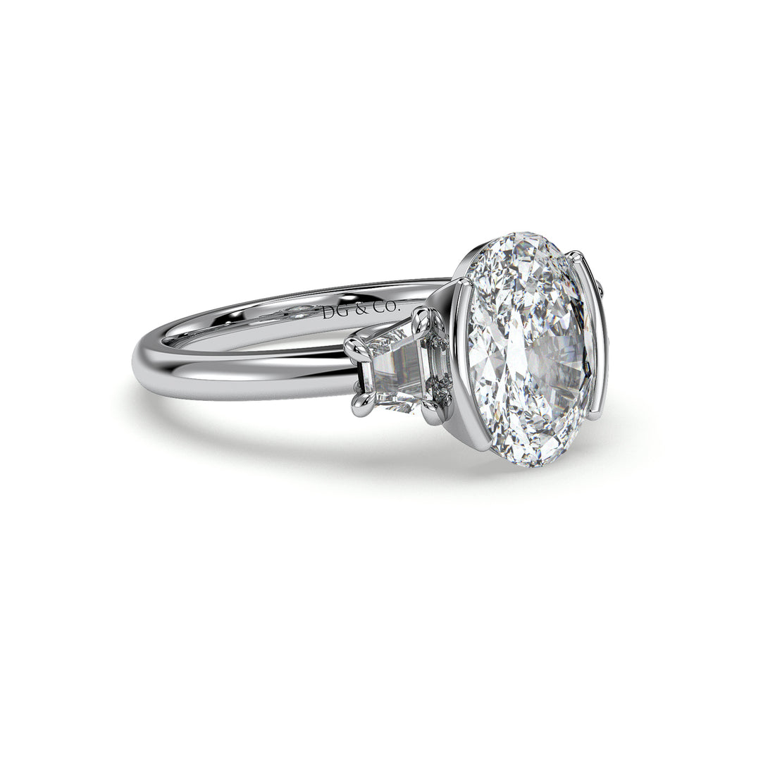 River Low Setting Oval Cut Trilogy Three Stones Half Bezel Setting Trapeze Side Stone Engagement Ring - 18K White