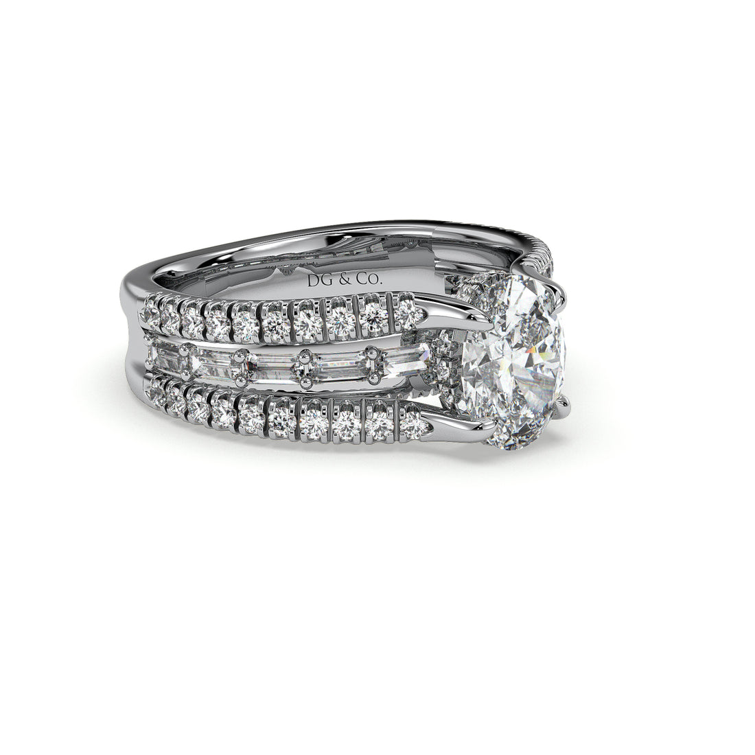 Noa Oval Cut Three Band Hidden Halo with a Four Claw Pave Setting Side Stone Diamond Ring - Platinum
