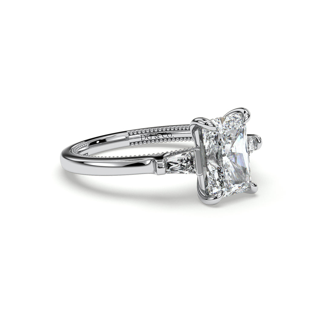 Raja Trilogy Antique Style Three Stones Radiant Cut Tapered Baguette Side Stones Diamond Ring - 18K White