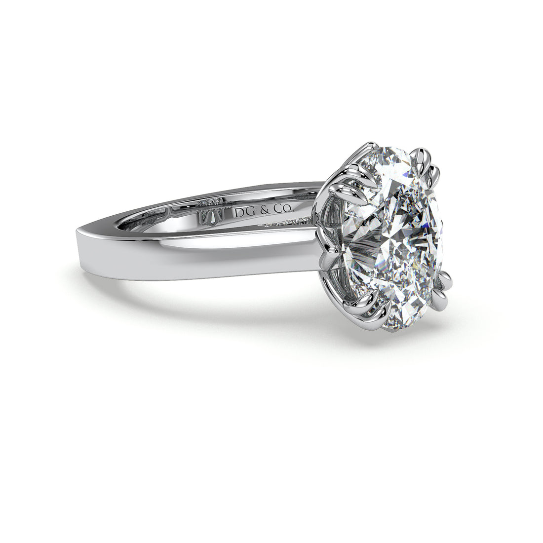Fame Oval Cut Cathedral Style Tulip Double Claw Setting Diamond Engagement Ring - 18K White