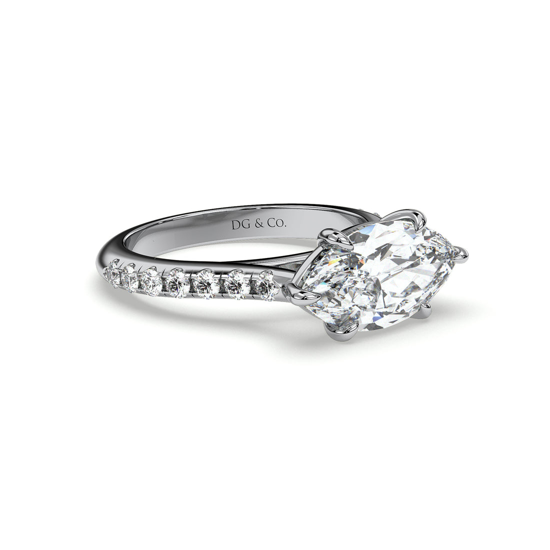 Moon Maquise Cut Cathedral East West Setting Pave Side Stones Setting Diamond Engagement Ring - Platinum