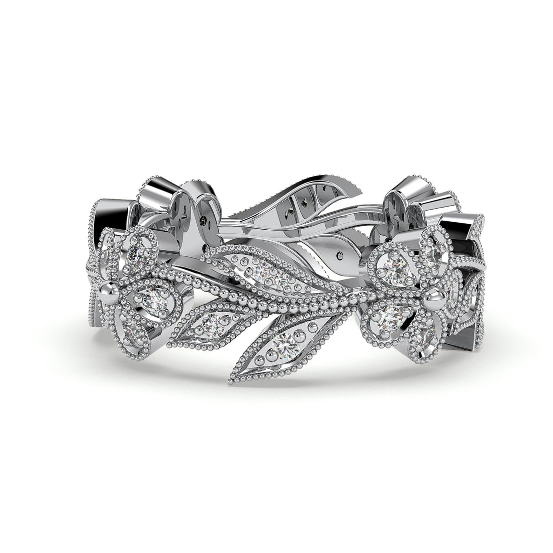 Tina Vintage Style Miligrain Share Prong Setting Diamond Wedding Band - 18K White