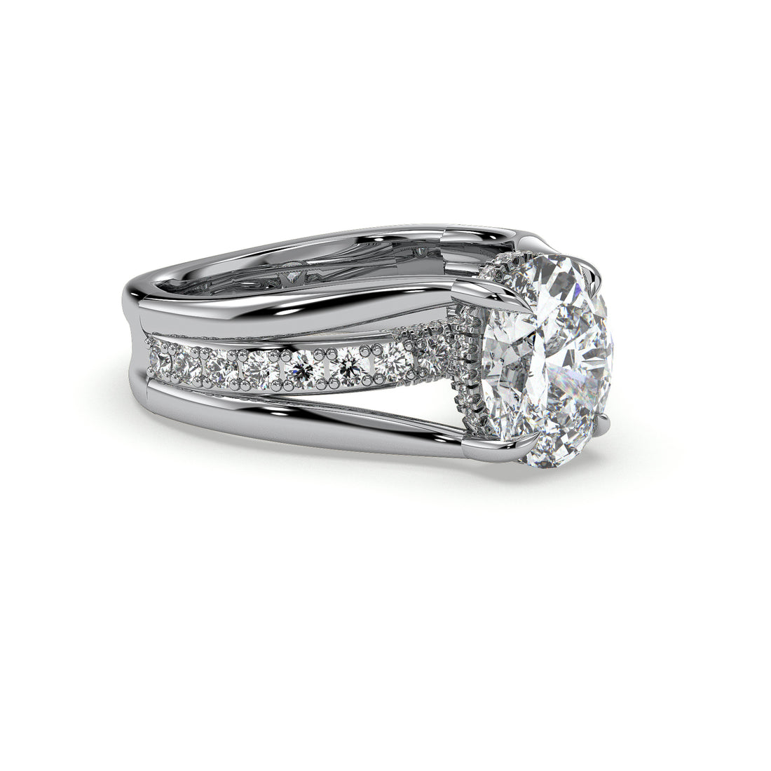 Sasha Oval Cut Cathedral Setting Three Band Hidden Halo with a Four Claw Pave Setting Side Stone Diamond Ring- 18K White