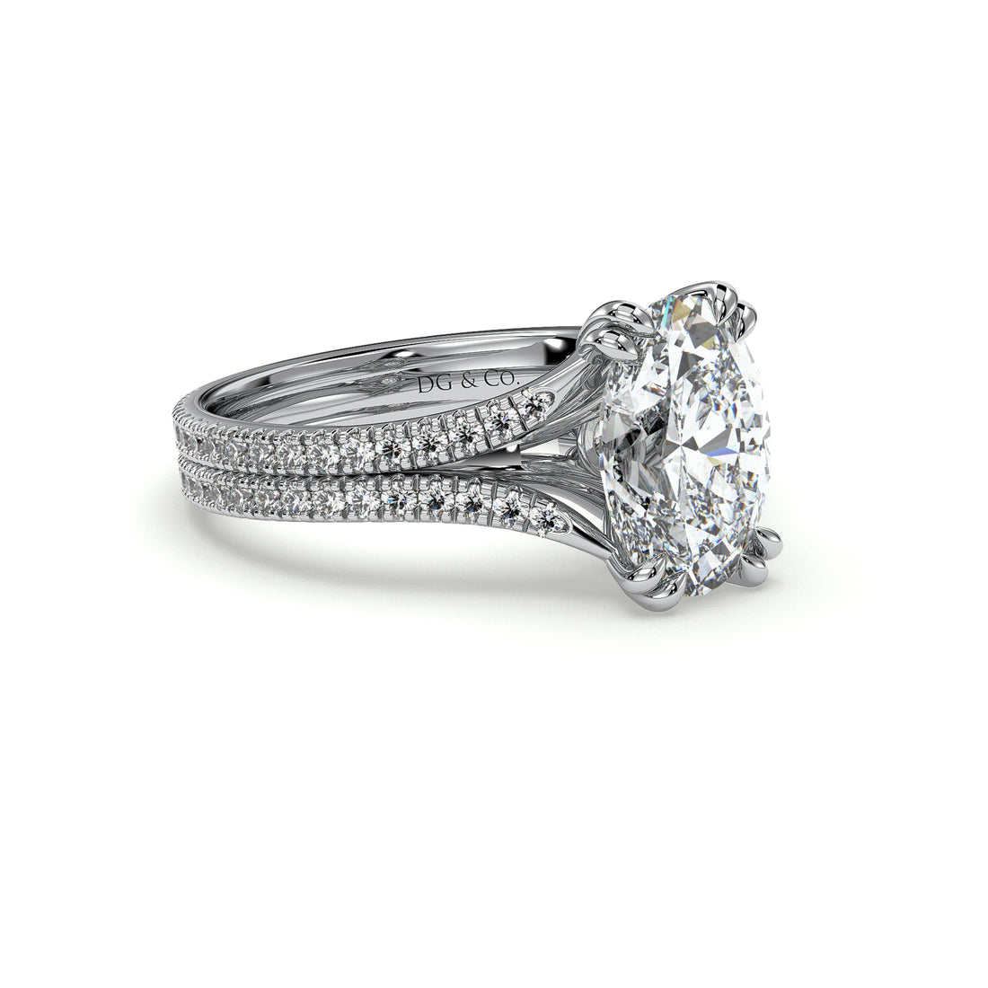 Acasia Oval Cut Double Split Band Double Claw Pave Setting Diamond Ring - 18K White