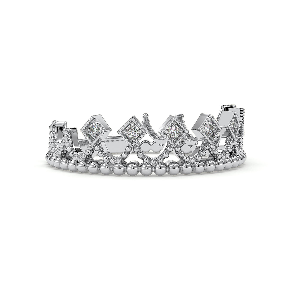 Crown Antique Style Art Deco Milgrain Setting Diamond wedding Ring - 18K White