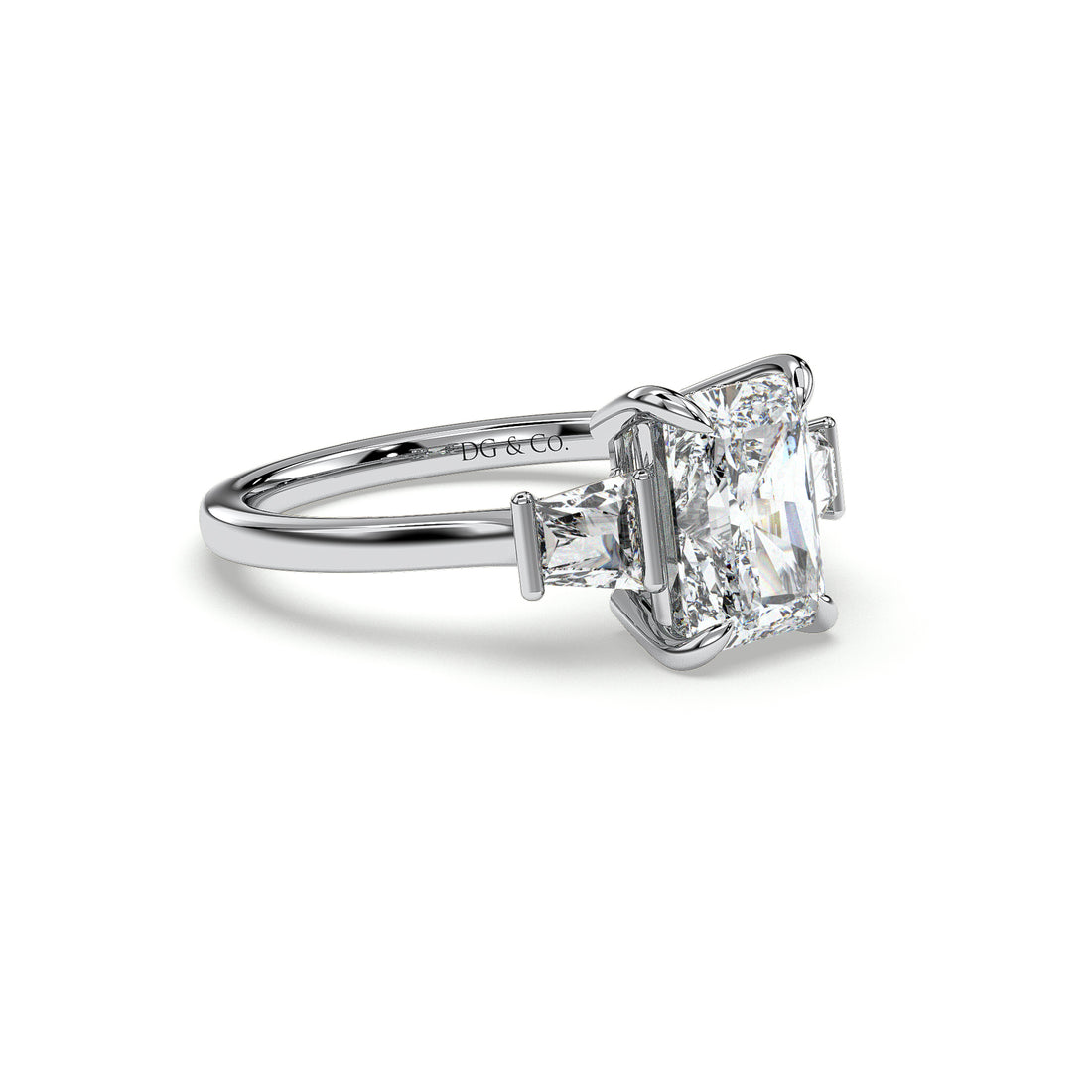 Seamless Radiant Cut Trapezoid Three Stone Hidden Halo Diamond Engagement Ring - 18K White