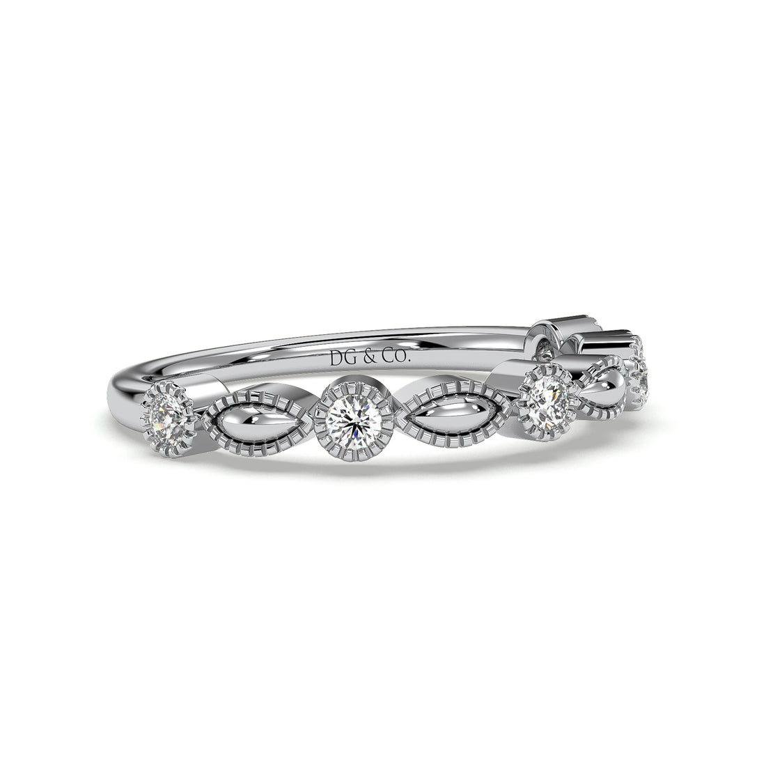 Alya Antique Style Diamond Wedding Band Set With Brilliant Cut Diamond Milgrain Setting - 18K White
