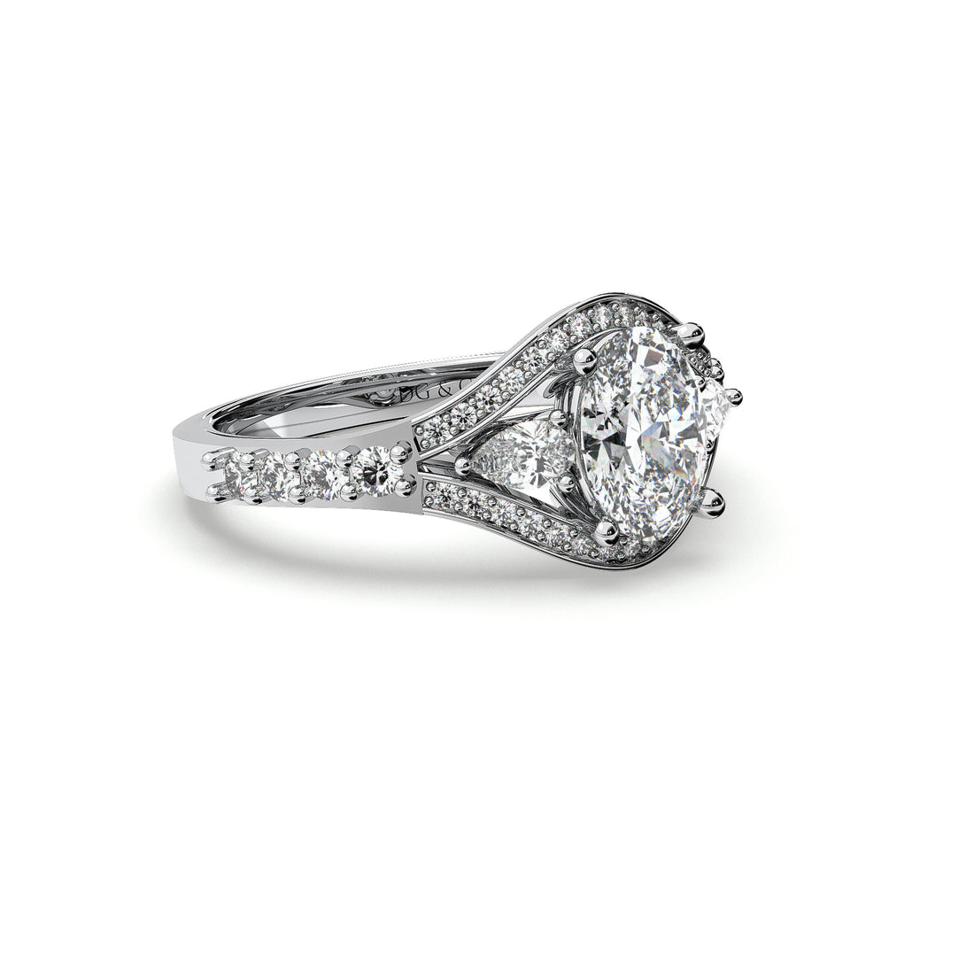 Jasmine Oval Cut Three Stones Four Claw Setting Diamond Ring - 18K White