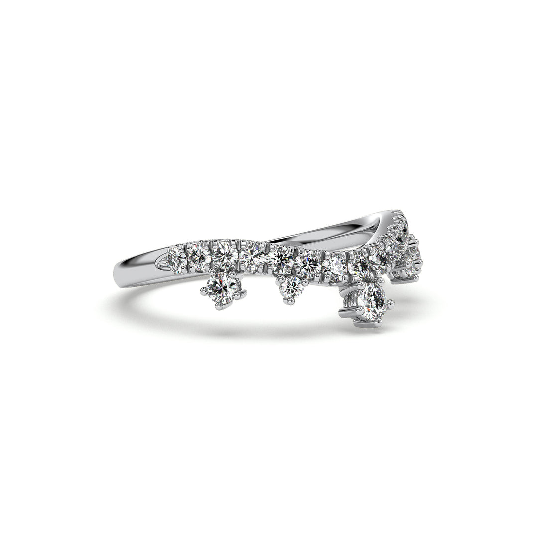 Petra Crown Curved Diamond Wedding Ring Round Cut Claw and Pave Setting - 18K White