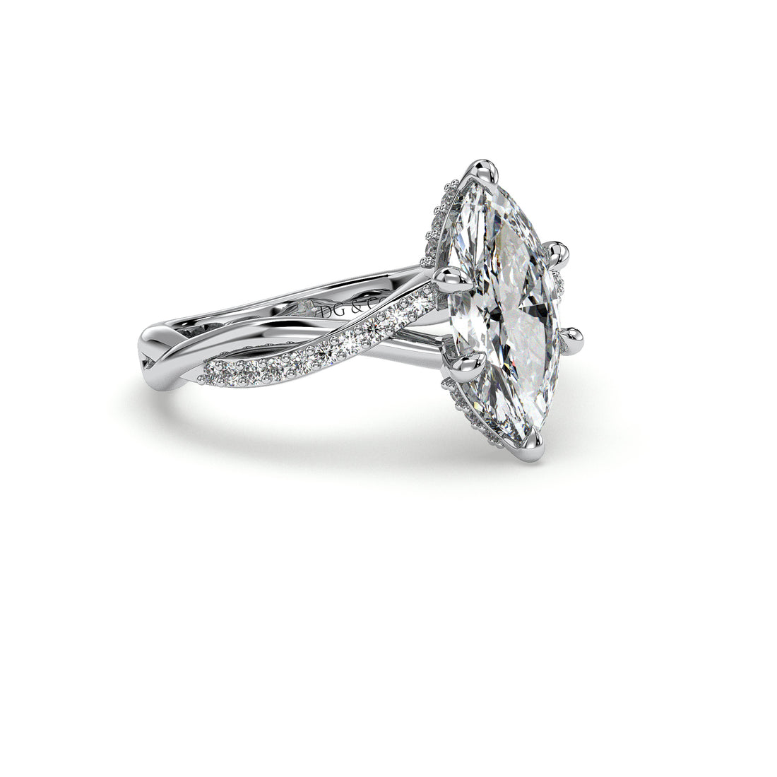 Violet Marquise Cut Twist Split Band Hidden Halo Diamond Ring - 18K White
