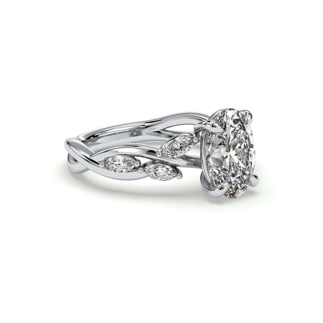 Flower Twist Band Oval Cut Diamond Engagement Ring - 18K White