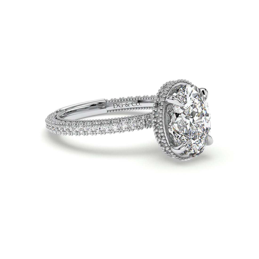 Eleanor Antique Hidden Halo Style Oval Cut Miligrain Setting Diamond Engagement Ring - 18K White