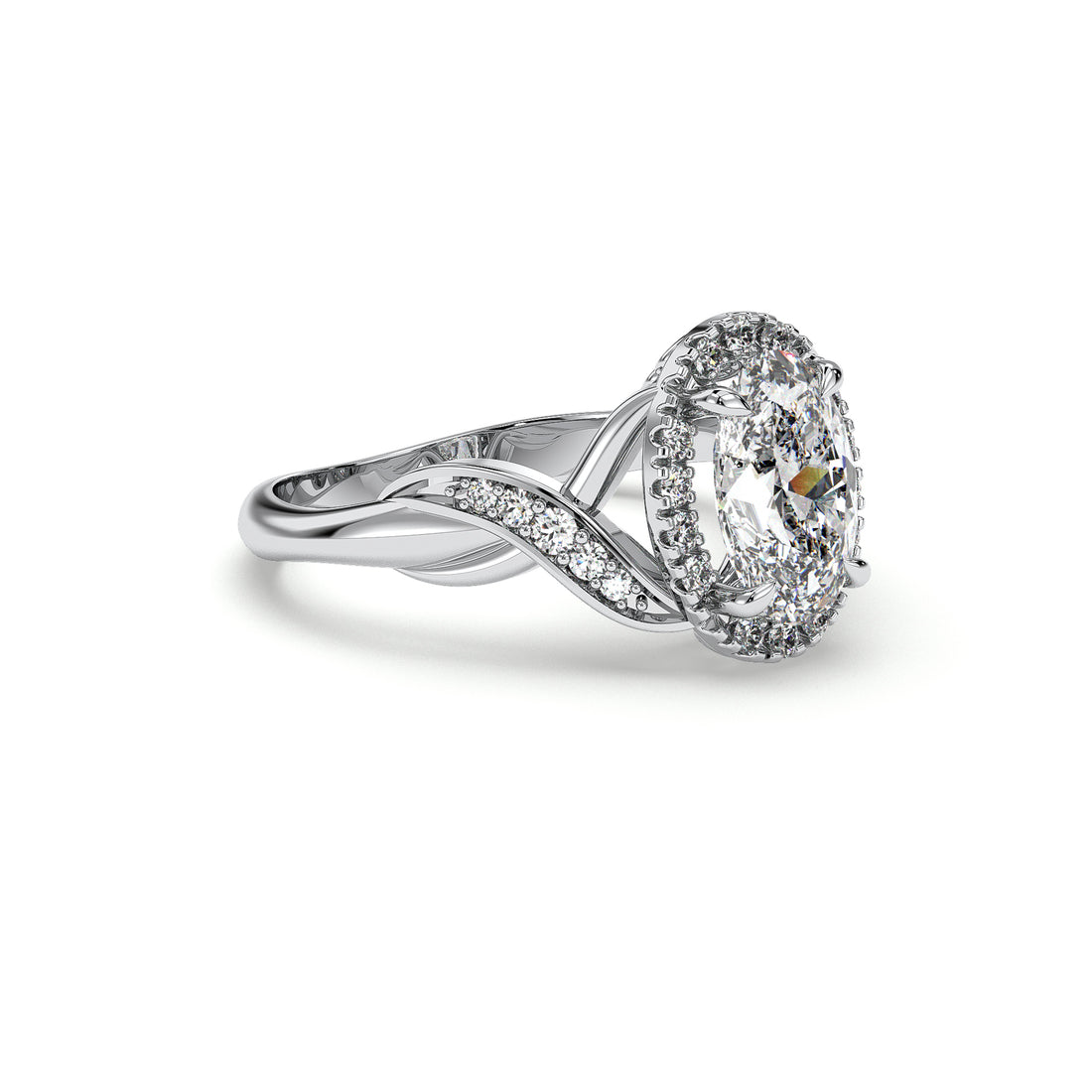 Reem Antique Halo Style Twist Band Oval Cut Diamond Ring - 18K White