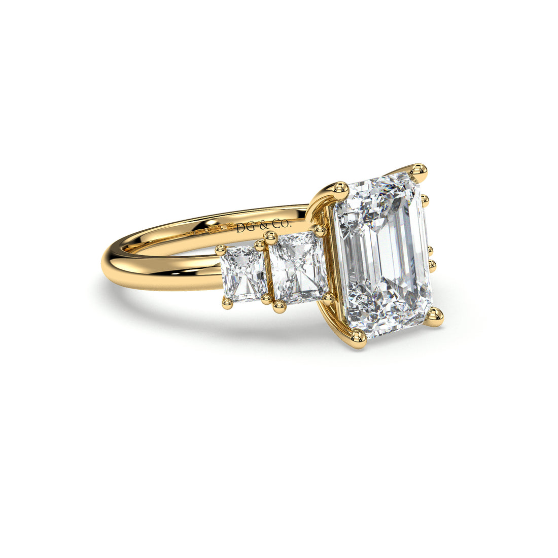 Jacinta Emerald Cut Three Stones Radiant Cut Claw Setting Side stones Diamond Ring - 18K Yellow