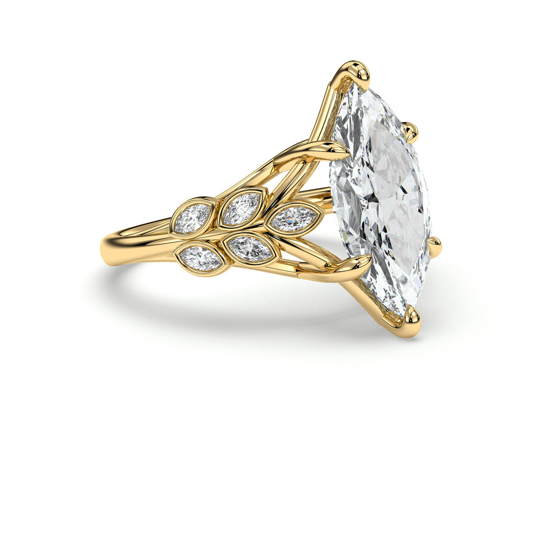 Sadie Marquise Cut Six Claw Setting with Marquise Cut Bezel Set Side Stone Diamond Ring - 18K Yellow